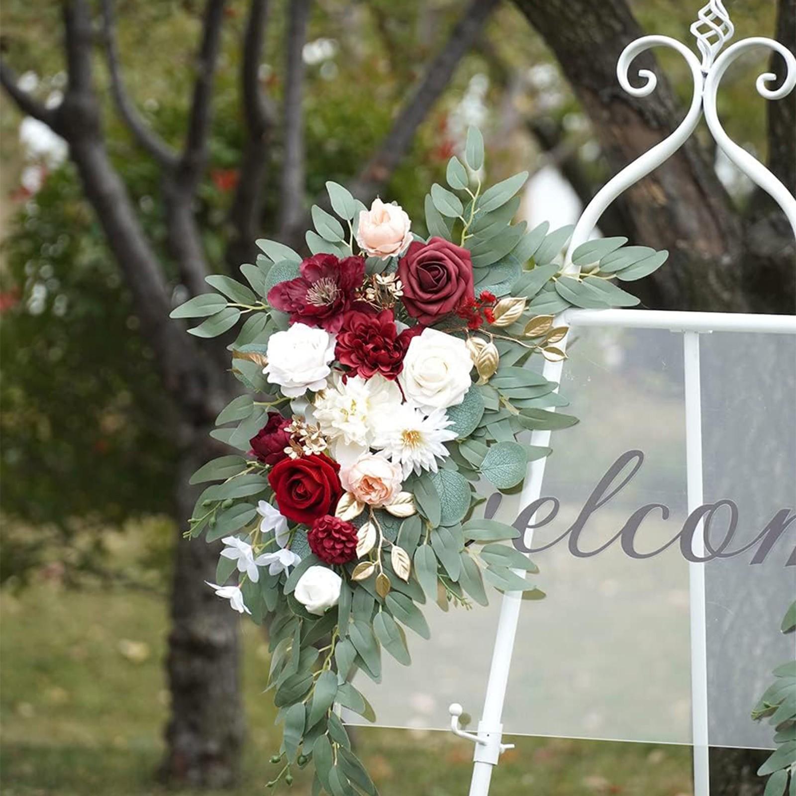 2-piece set of elegant and noble red artificial flower wedding arch decorations, paired with romantic red and white roses, bright red dahlias, and pink peonies, is ideal for receptions and home decorations
