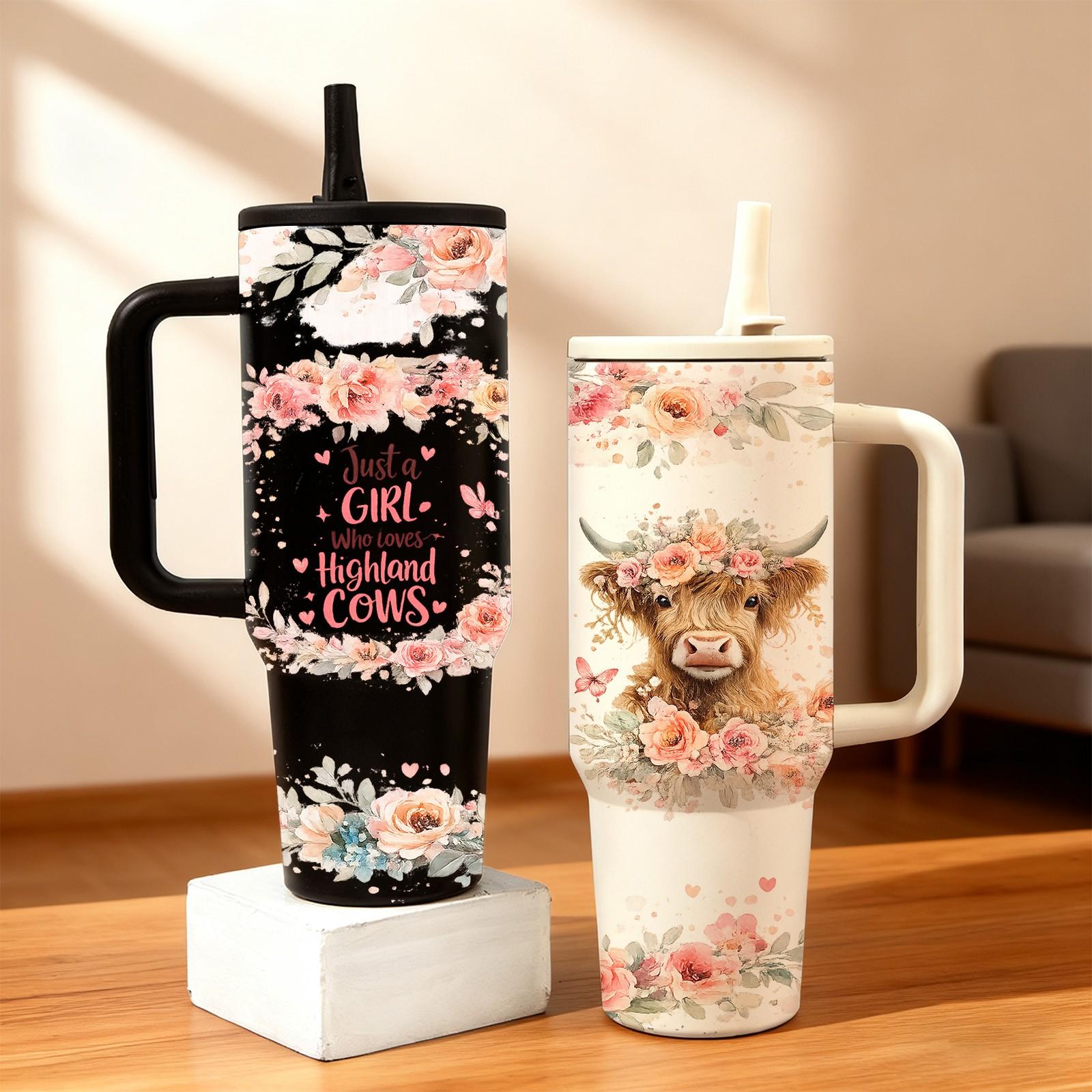 40oz Highland Cow Straw Tumbler, Just A Girl Who Loves Cows Design, Floral Cow Aesthetic Cup, Farm Girl Country Style, Vacuum Insulated Tumbler with Handle, Leak Proof Lid, Hot Cold Drinks All Day, Cute Cow Lover Gift, Insulated Travel Drinkware