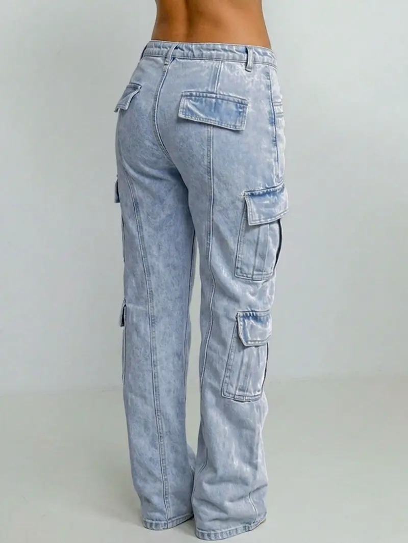 Women's Light Blue Wash High Waist Multi Flap Cargo Pockets Non-Stretch Rigid Denim Fabric Wide Leg Jeans, Baggy Utility Straight Fit Long Pants, Streetwear Casual Daily Commute Outfits for Women TChic