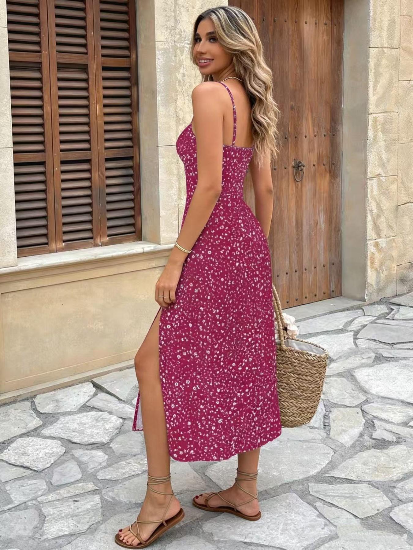 Women's Summer Elegant Ditsy Floral Split Dress,Slim-fitting Backless Long Sundress, Beach Vocation Outfit Clothes