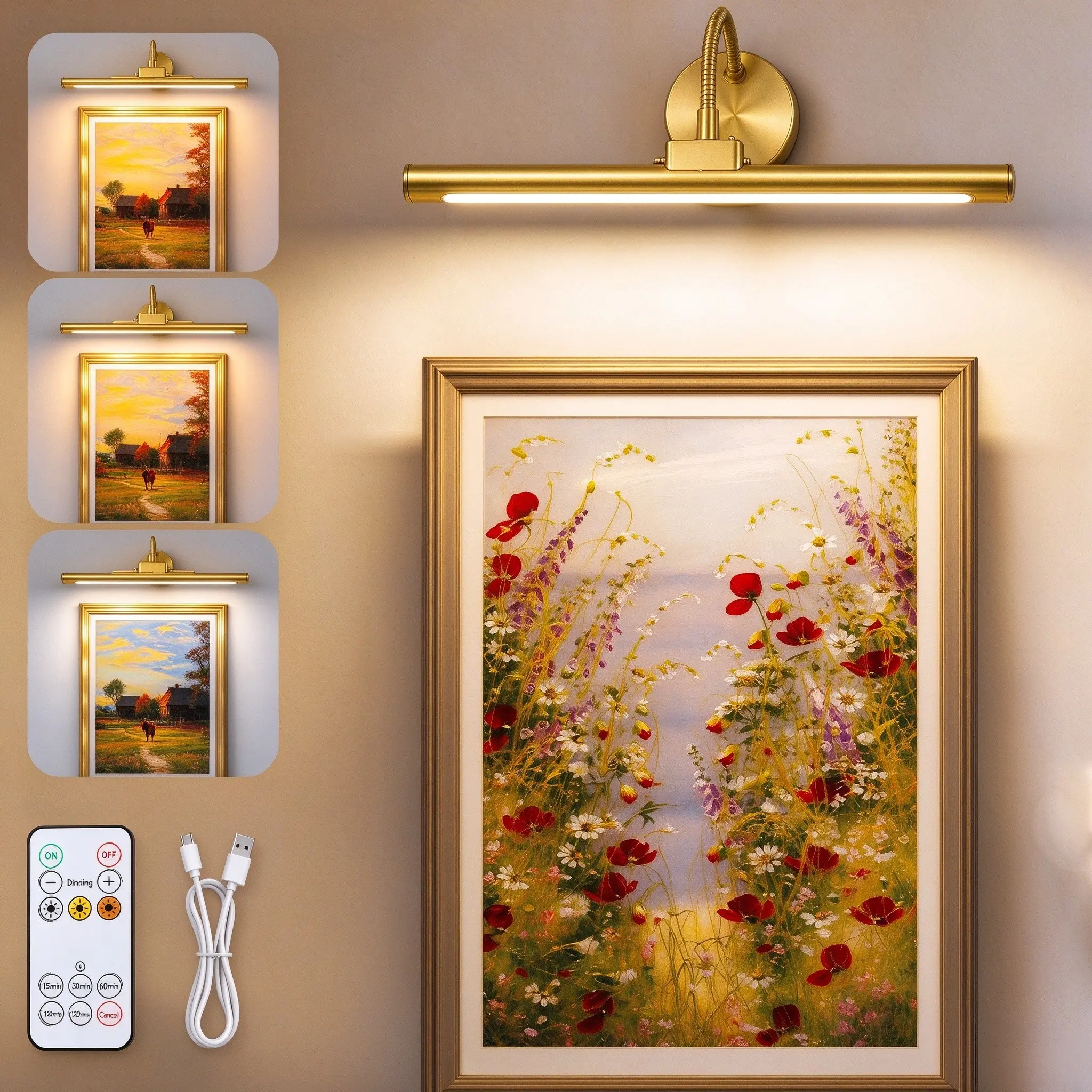 LED Wireless Painting Light, 13-Inch Rechargeable Metal Wall Lamp with Remote, Adjustable Brightness Timer, Art Display Decor, Rechargeable Led Lamps