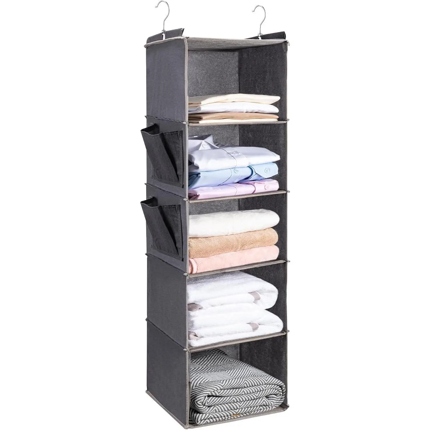 5-Shelf Hanging Closet Organizer with 2 Side Pockets, Foldable Breathable Storage Shelves for Closet, Dorm Room Essentials, GreyGift