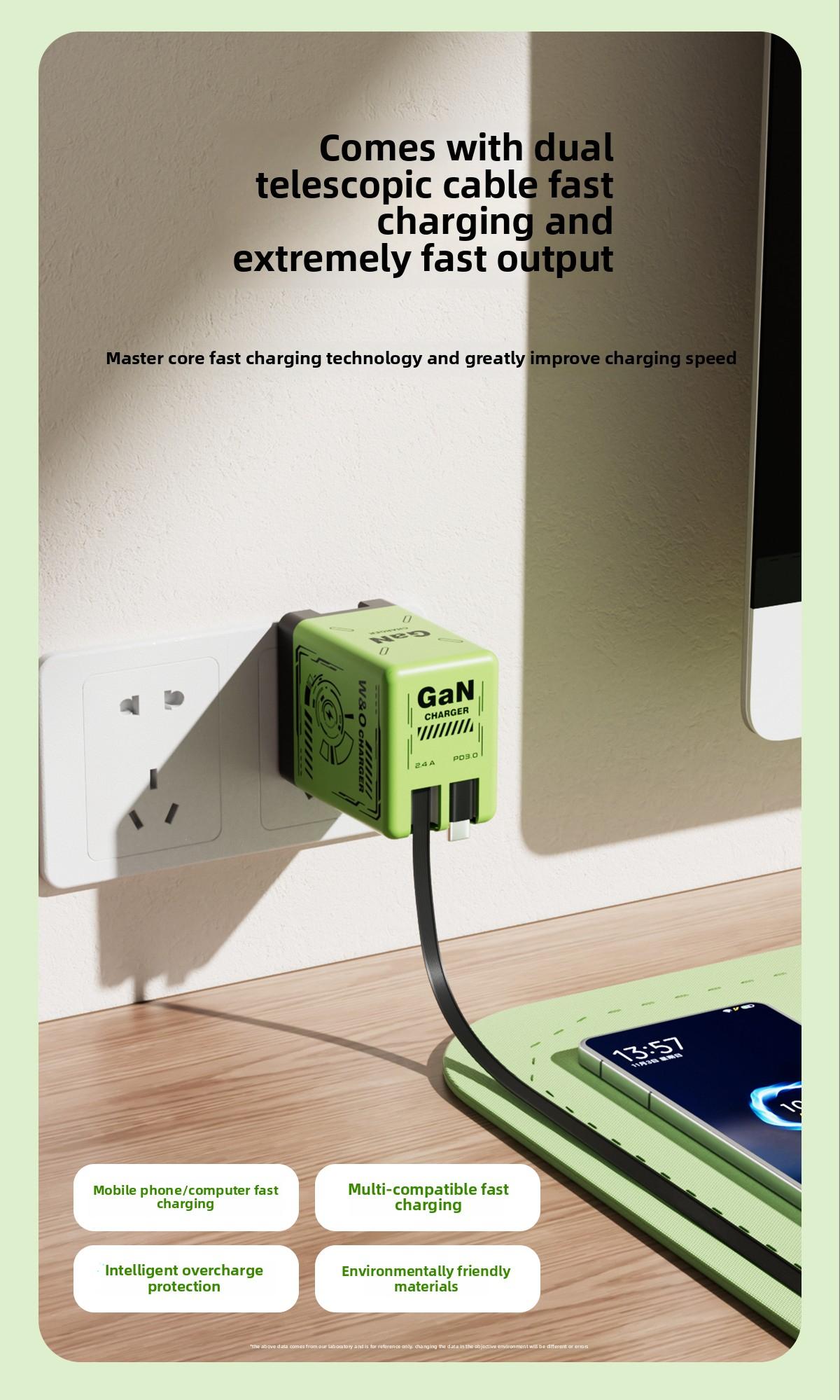 Gan Fast charger Retractable Charger Folding Charging 2-in-1 Cable (Type C/IOS) Fast Power Adapter Travel & Home Essential