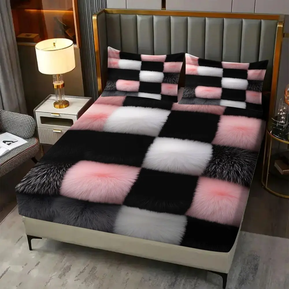 3Pcs Pink Black White Plaid Print Fitted Sheet Set (Includes 1 Fitted Sheet And 2 Pillowcases; No Core). Digital Printed Bed Sheet Set, Soft & Breathable, Deep Pocket, Anti-Slip, For Bedroom Decor, Bedsheet Sets
