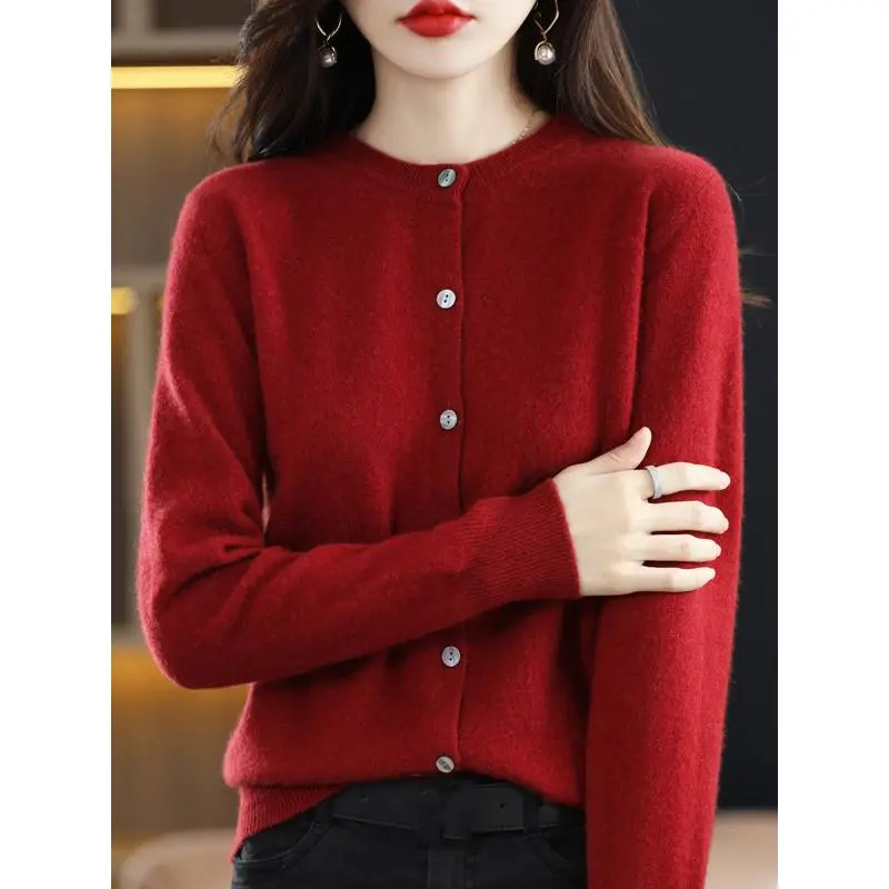 Women's Navy Knit Cardigan Sweater, Soft Wool Blend Round Neck Button Front Long Sleeve Stretchy Casual Top, Elegant Minimalist Knitwear for Spring Autumn, Lightweight Cozy Layering Jacket for Office, Daily Wear, Travel and Gifts, S-2XL Fashion.