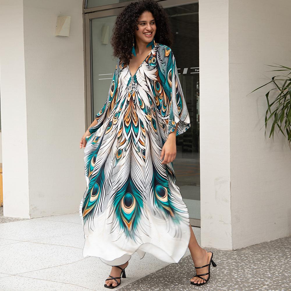 Bsubseach Women's Ethnic Print Kaftan Dress Plus Size All Over Print Sleeve Tunic Dress Boho Casual V Neck 3/4 Sleeve Tunic Dress for Women Mrs Roper Kaftan Bubu Mumu Casual Womenswear Summer Bohemian