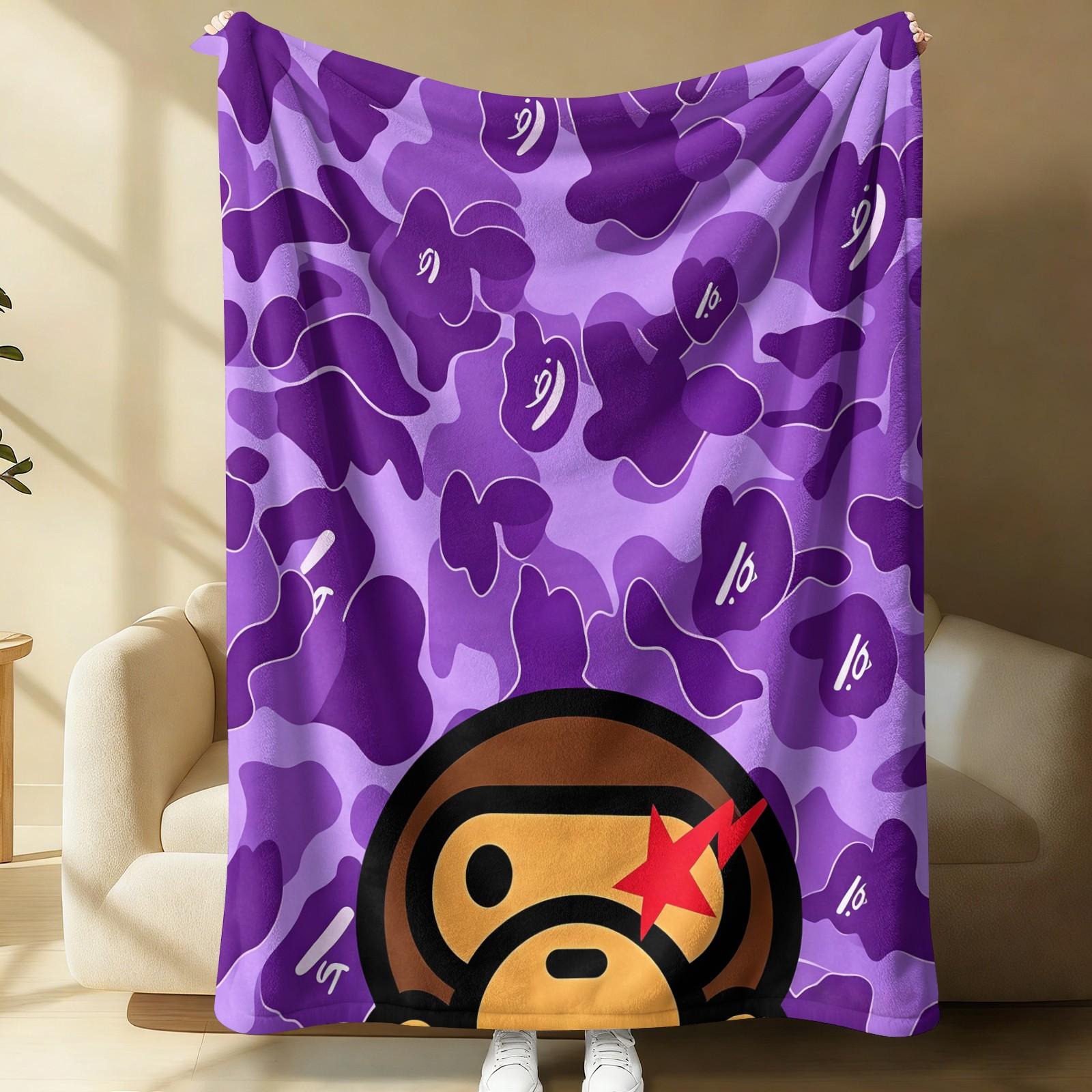 All Season Flannel Blanket, Purple Camouflage Street Cartoon Graphic Fleece Throw Blanket, Monkey Head With Red Star Pattern Warm Nap Blanket, Portable Travel Home Decor Blanket