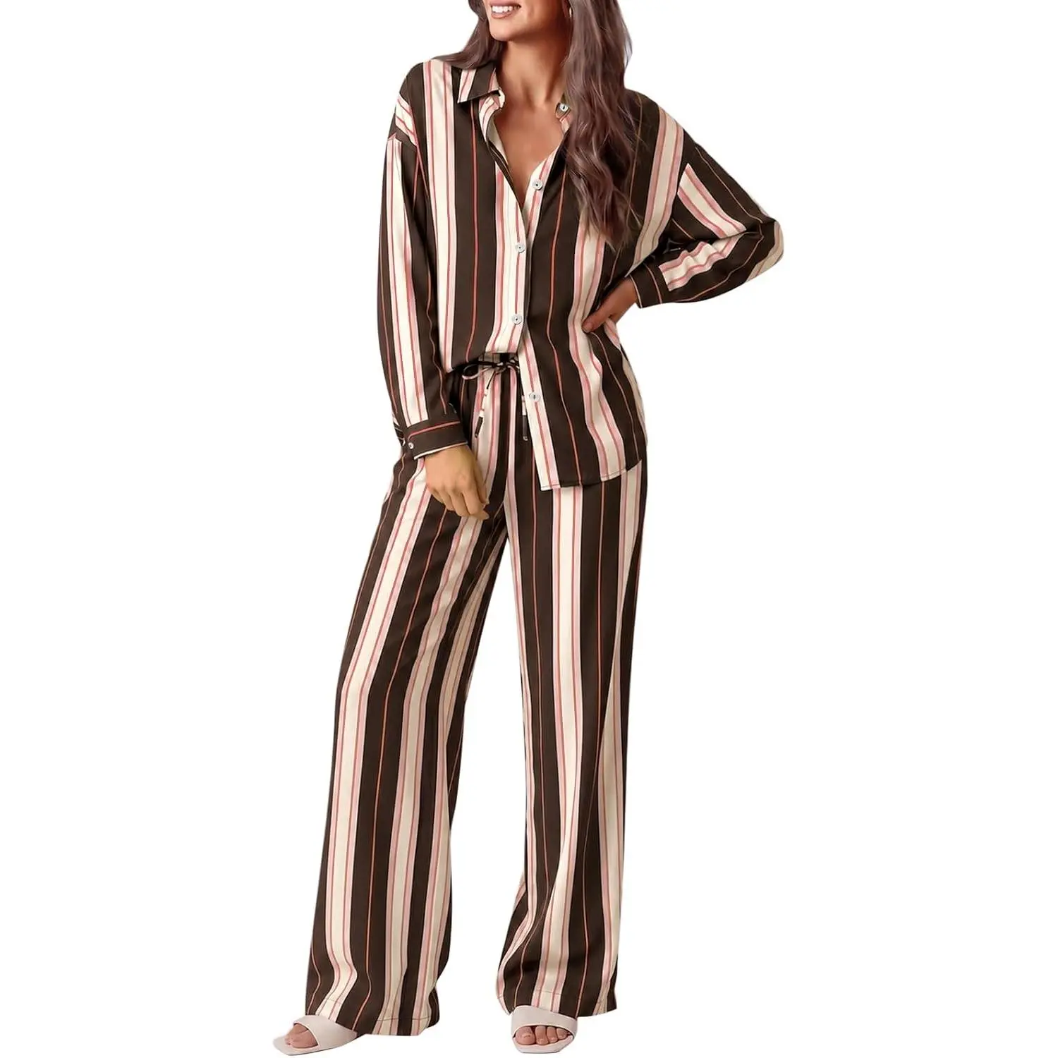 Tankaneo Womens Striped 2 Piece Lounge Sets Casual Long Sleeve Pajama Set