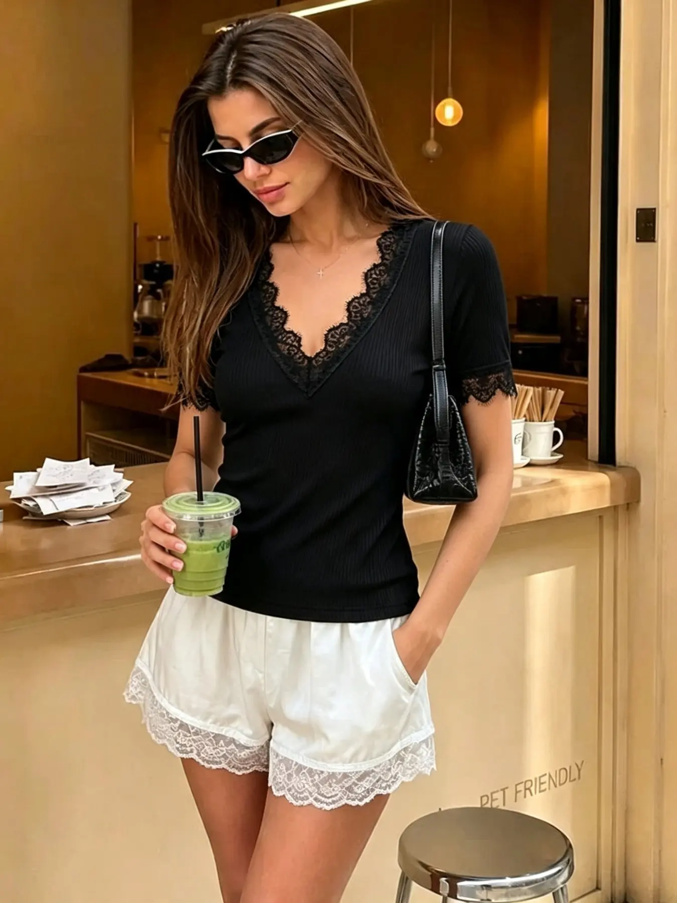 Deep V Lace Trim Short Sleeve T-Shirt for Women, Stretchy Ribbed Bodycon Top, Sexy V-Neck Ruffle Patchwork Tight Fit Shirt, Style