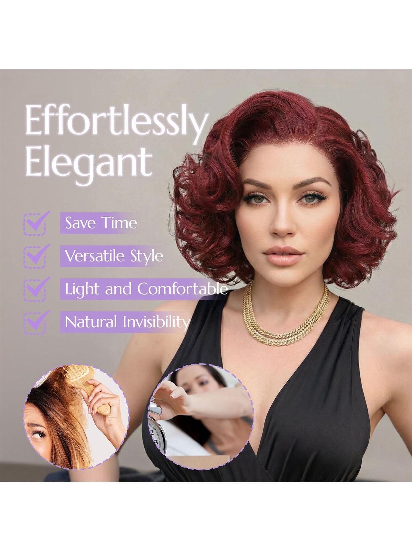 [Super Deal] Short Bob Wig Burgundy Loose Body Wave Synthetic 13x4 Lace Front Wigs Heat-Resistant Hair 200% Density 13x4 HD Transparent Lace Front Wigs Pre Plucked Hairline Suitable To Wear On Daily Or Holiday Occasions Wig