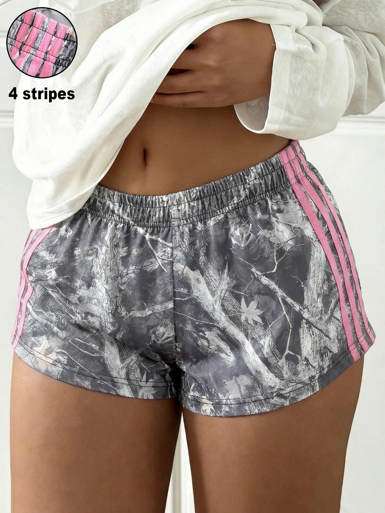 Women's Summer Camo Print Shorts, Casual Loose-Fitting Elastic Waist, Side Striped Design, Outdoor Wear, Daily Use, Everyday Fashion Womenswear Bottoms