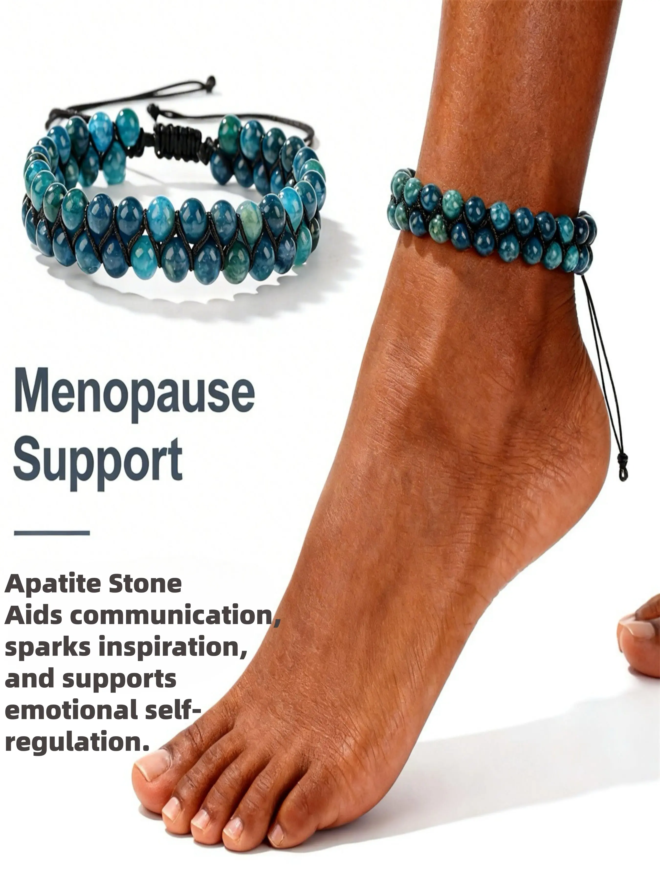 Natural Apatite Menopause Support Anklet & Bracelet, Hand-Woven Adjustable Blue Crystal Jewelry, Spiritual Accessory for Women