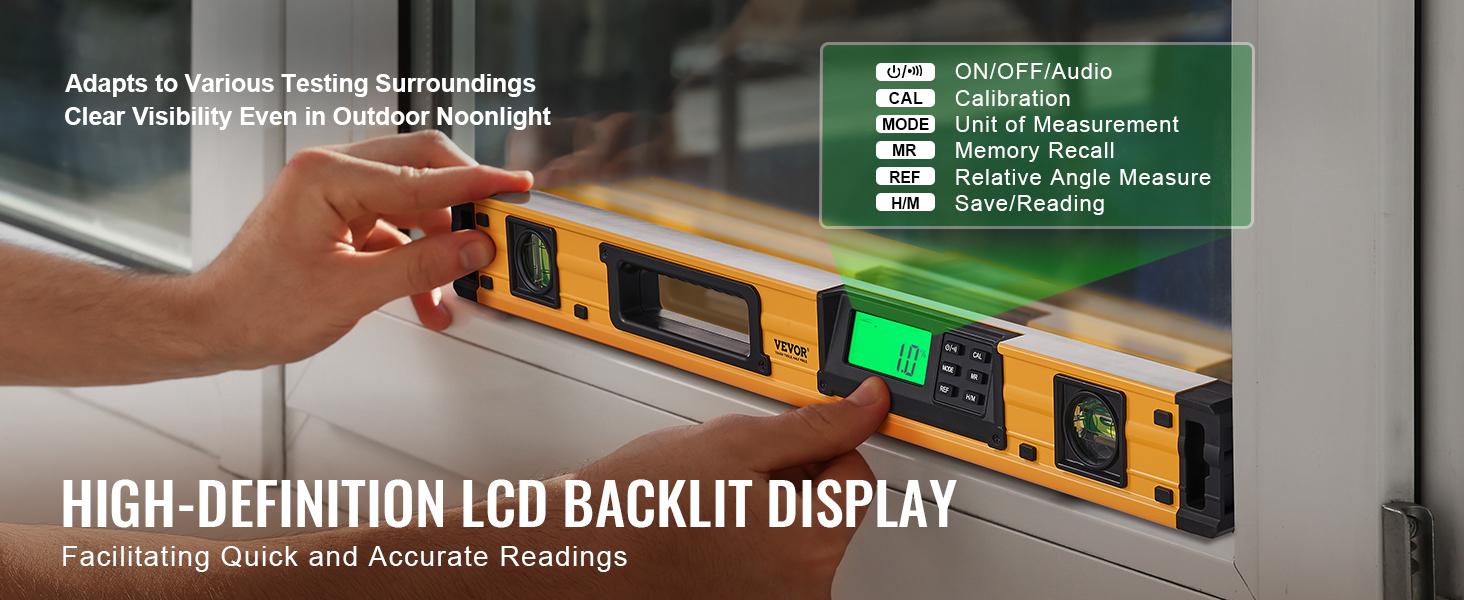 VEVOR Magnetic Torpedo Level, 600mm, LED Backlit Screen Mechanical Bubble Vials Ruler for 0-360 Degree, Gravity Sensor Aluminum Alloy Leveler Tool w/ Viewing Window, Shock-Resistant for Plumbing, Wood