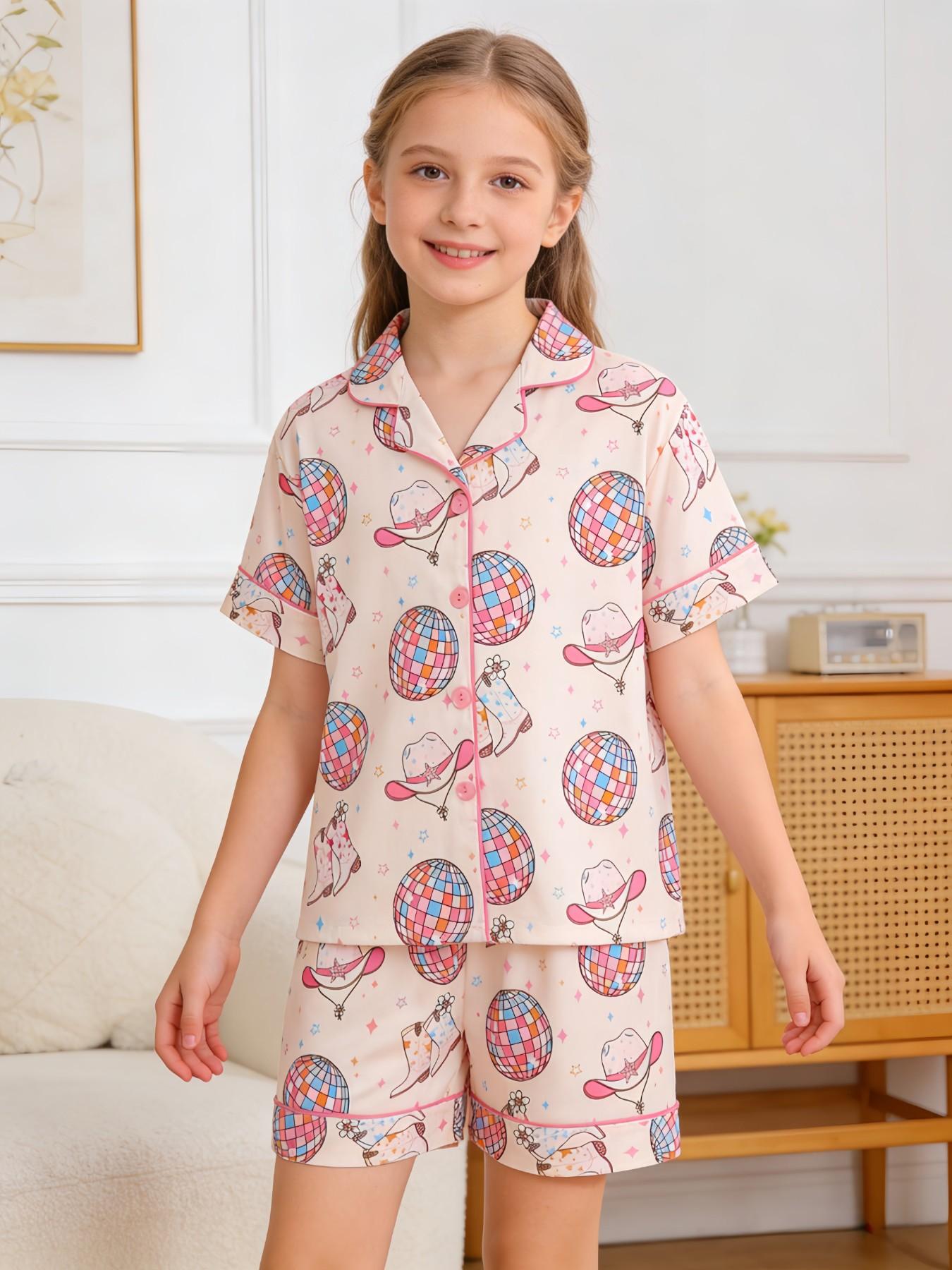 2-Piece Kids' Fire-Resistant Pajama Set, Short Sleeve Button Front, Cartoon Pattern, Loose-Fit, All Seasons, Boys & Girls