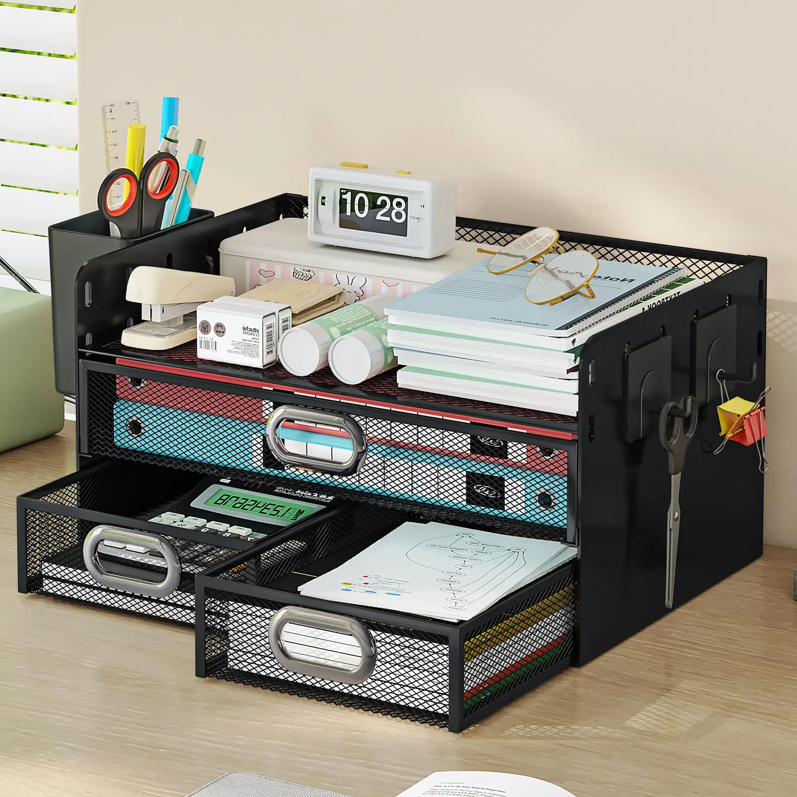 SUOERNUO Multifunctional Rust-proof Metal Desk Organiser Storage - Pull-out Drawer, Side Pen Holder, Hooks, 12.7x8.7x6.9in Desk Tidy, Office Supplies Stationery Table Organizer for Office/Study