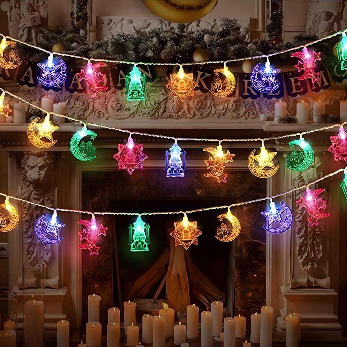 Ramadan LED String Lights, Battery-Operated Crescent Lantern and Star Oil Lamp Decorations for Home, Living Room and Bedroom Party Lighting Decoration