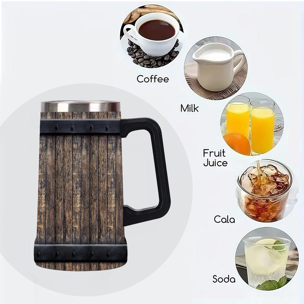 1pc 24oz Barrel Texture Stainless Steel Beer Mug With Big Handle, Vintage Rustic Wood Barrel Print Double Wall Insulated Travel Coffee Beer Cup, Leakproof Large Capacity Water Tumbler For Bar Pub Camping, Retro Western Gift For Men Beer Lovers