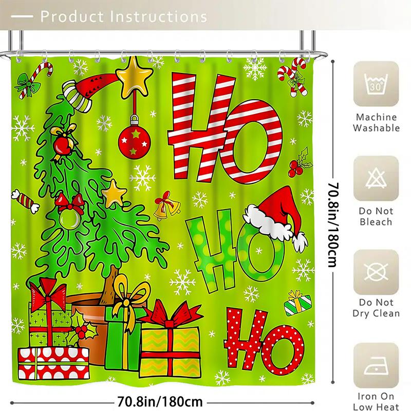 4pcs Green Christmas tTree Shower Curtain Set, Bathroom Partition Curtain, Modern Home Curtain Decoration Housewarming Gift, Bathroom Decoration Accessories, Shower Curtain and Toilet Mat Three-Piece Set with 12 Shower Curtain Hooks