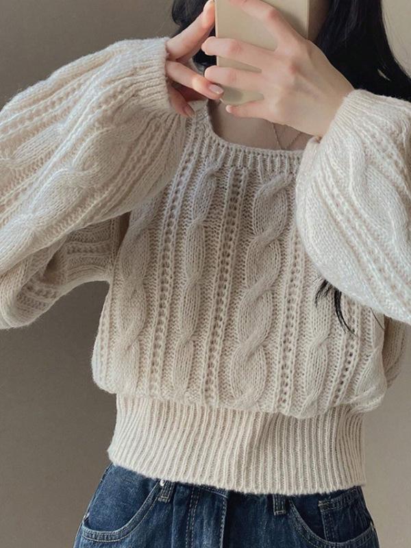 NewWomen's Pullover Square Neck Lantern Sleeve Knitted Casual Sweater Cable-knit Square Neck Solid Color Cropped Top