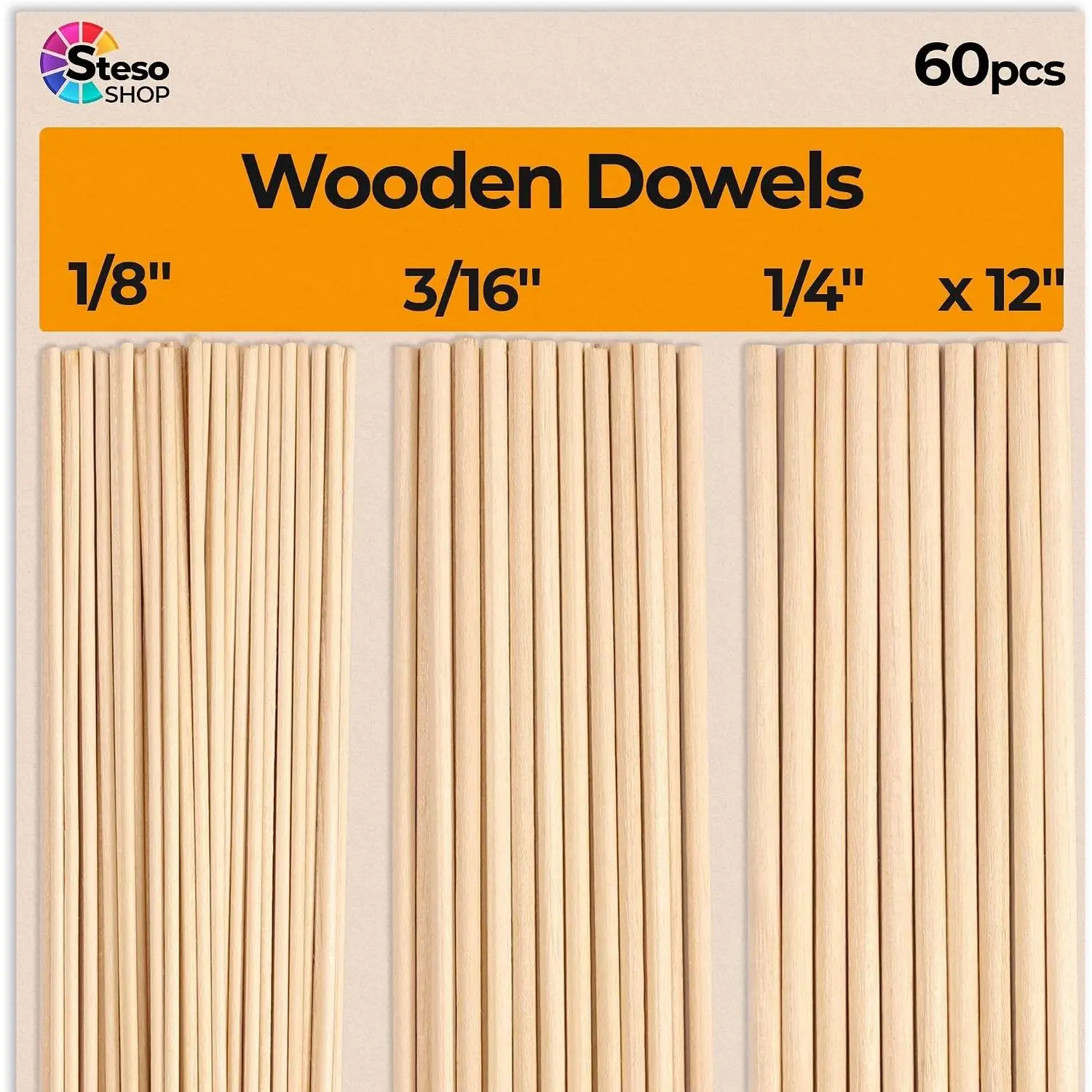 Wooden Dowel Rods for Craft - 60 pcs Round Wood Dowels 12 inch in Varying Sizes - 1/8, 3/16, 1/4 - Different Rods - Craft Sticks Round Dowels…