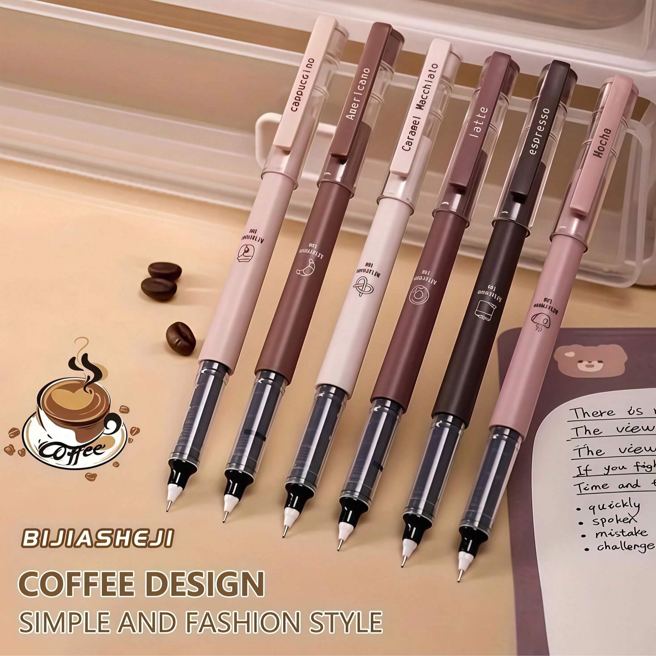 6pcs Coffee Theme Liquid Quick-Drying Ink Gel Pens, No smear Soft Touch Pens for Note taking Drawing School Office Supplies