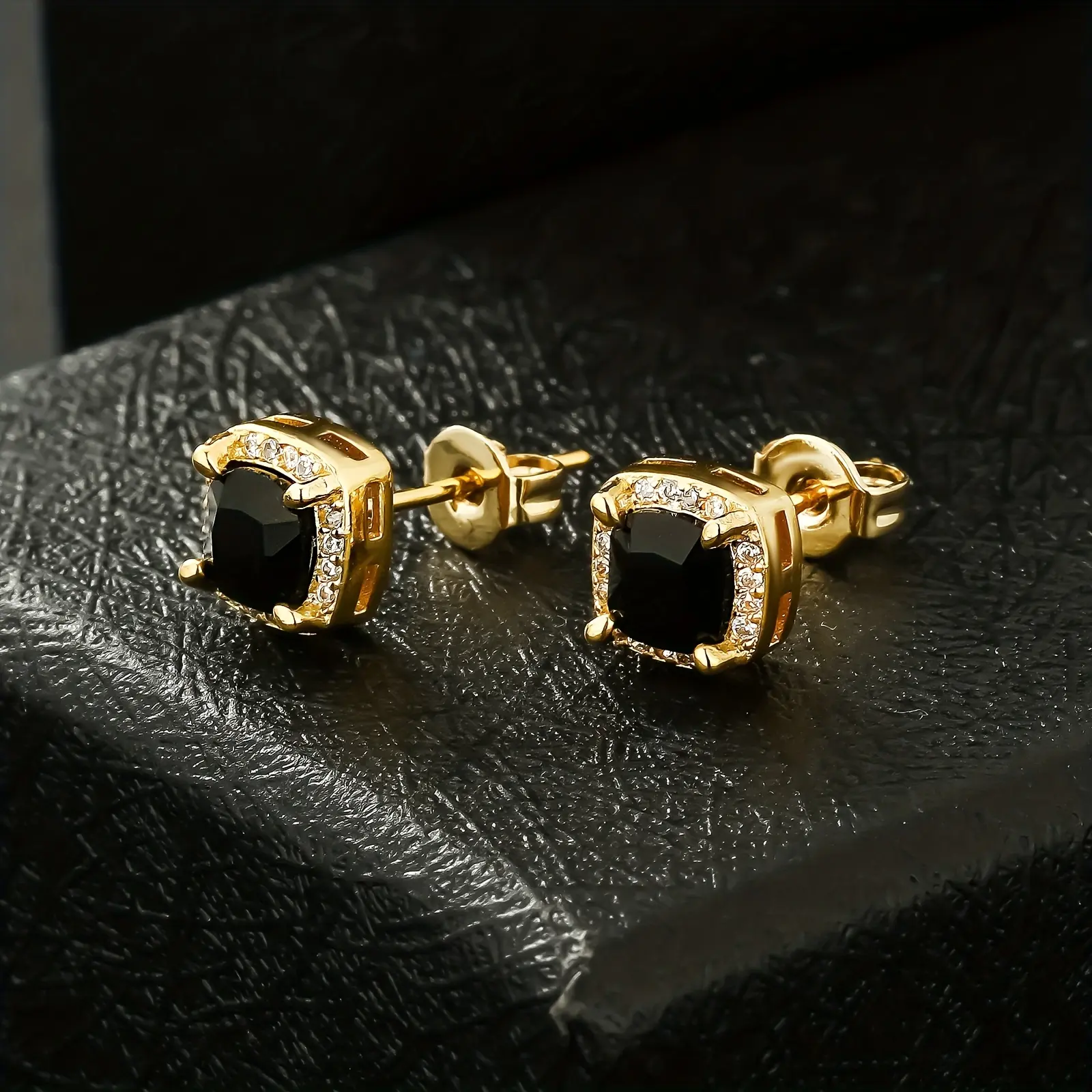 Men's Unisex Lightweight Square Shape Alloy Metal Stud Earrings - Black Rhinestone, Gold-Tone, Sparkling CZ Hip Hop Jewelry for Casual Wear, Fashion Statement Gift, Geometric