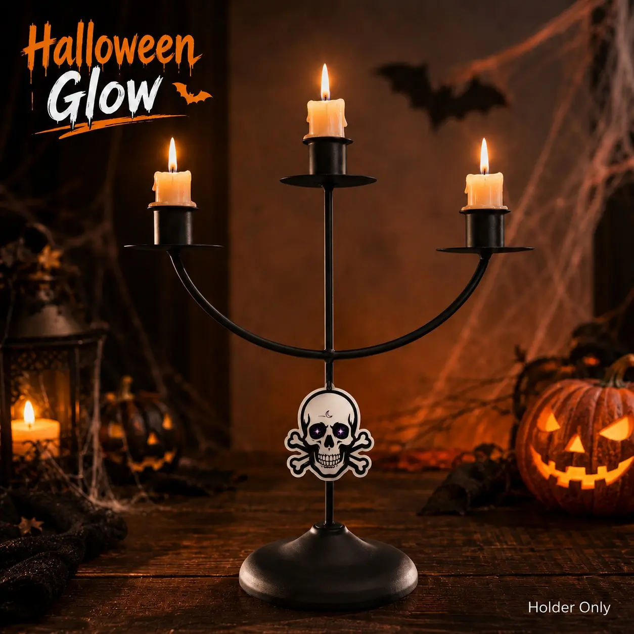 1 Pc Halloween Gothic Skull 3 Candle Wrought Iron Holder for Home Party Dining Table Mantel Entryway Decor Stable Round Base Black Vintage Holiday Everyday Display Fits Standard Pillar Candles