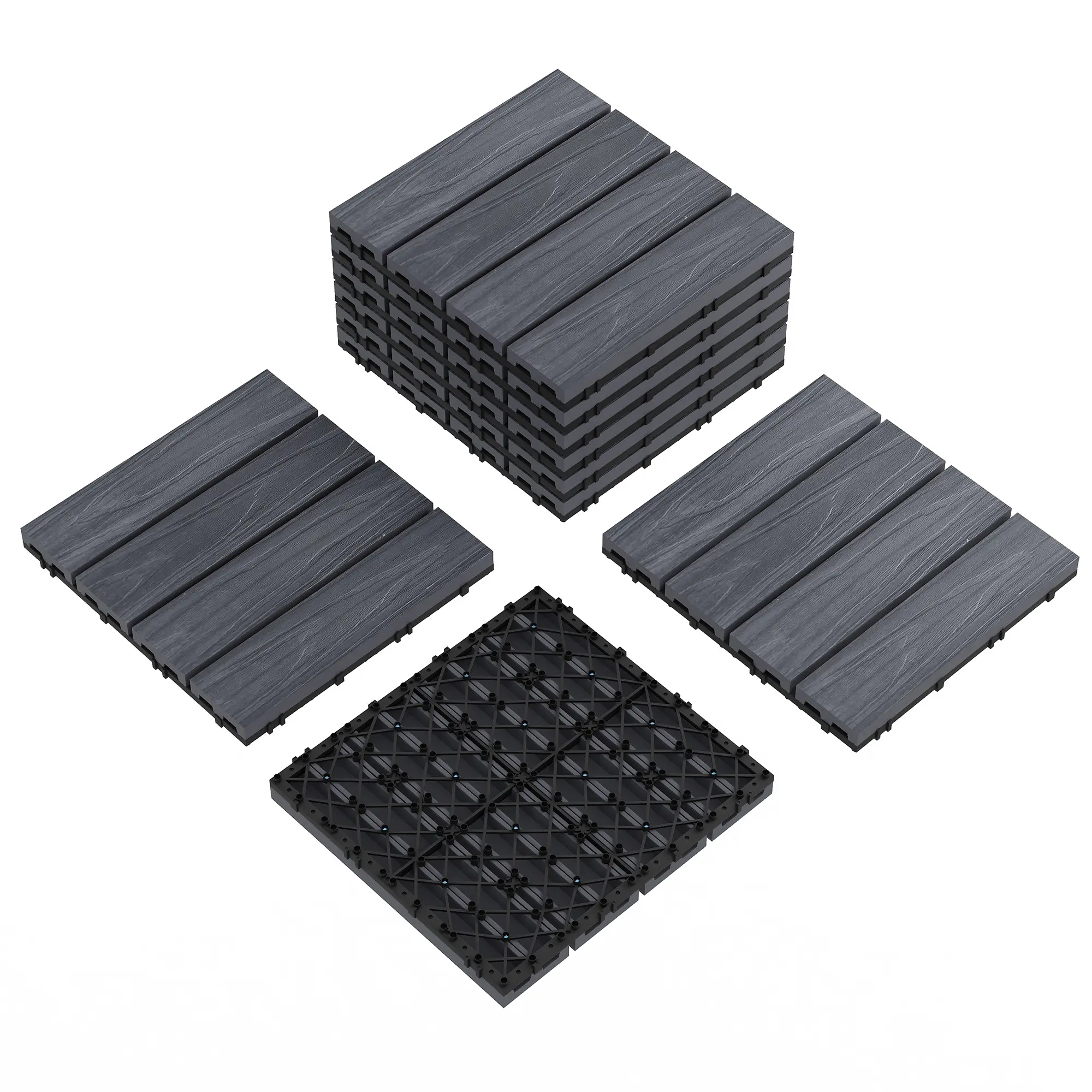 Waterproof Interlinked Composite Deck Tiles 12"x12" – Wood-Look Outdoor Flooring, Slip & Weather Resistant, Easy Snap Together for Patio, Balcony, Garden, Poolside – Teak & Grey, Covers 48 Sqft