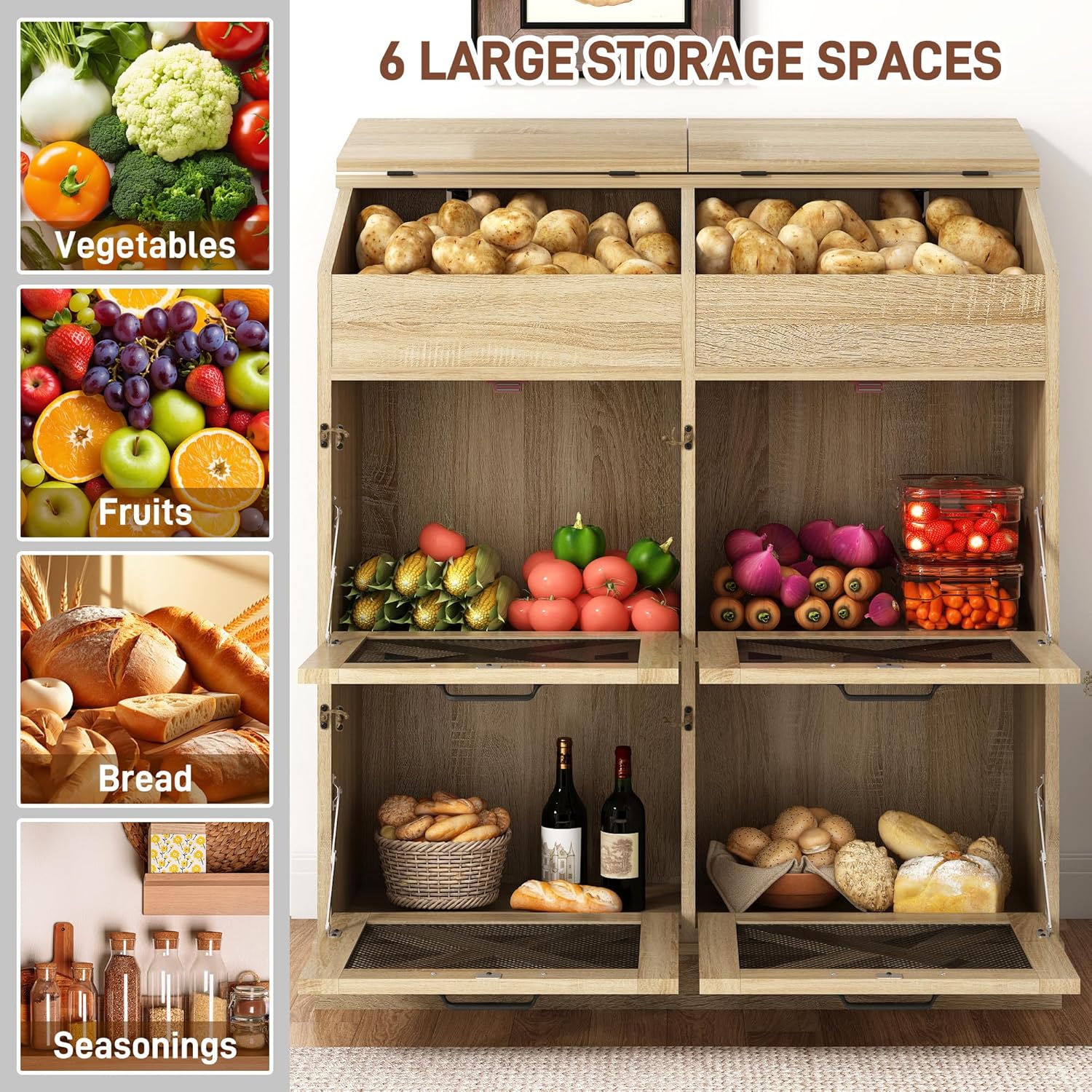 Large Wood Veggie Bin for Potato,Bread,Onion With 6 Large Storage Space. Root Vegetable Storage Box For Kitchen, Farmhouse Wood Potato Box With 4 Mesh Doors,32 * 12.4 * 36 INCH
