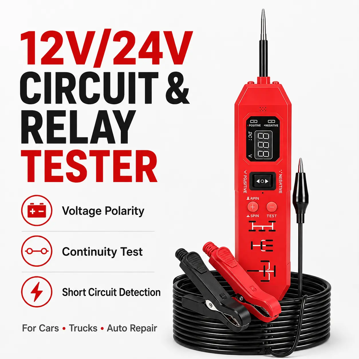 Automotive Electrical Diagnostic Tester for 12V/24V Vehicles, Multi-Function Circuit & Relay Probe with Voltage Polarity, Continuity and Short Circuit Detection for Car Maintenance