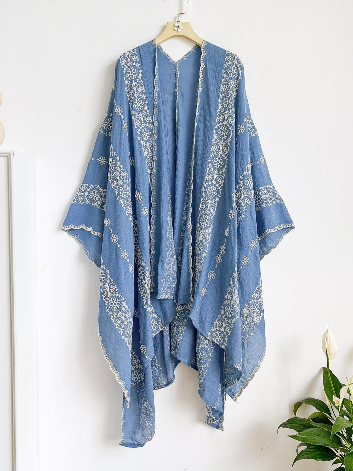 Boho Ocean Embroidered Split Scarf, Loose Fit Elegant All-Season Style, Perfect for Beach Vacations, Commuting and Dates