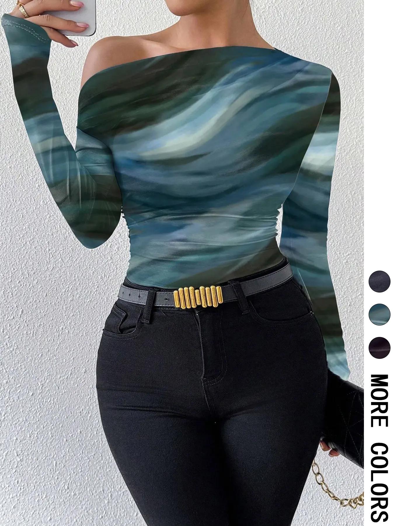 Women's Marble Print Ruched Asymmetrical Neck Tee, Casual Long Sleeve T-Shirt for Spring & Fall, Women's Clothing for Daily Wear