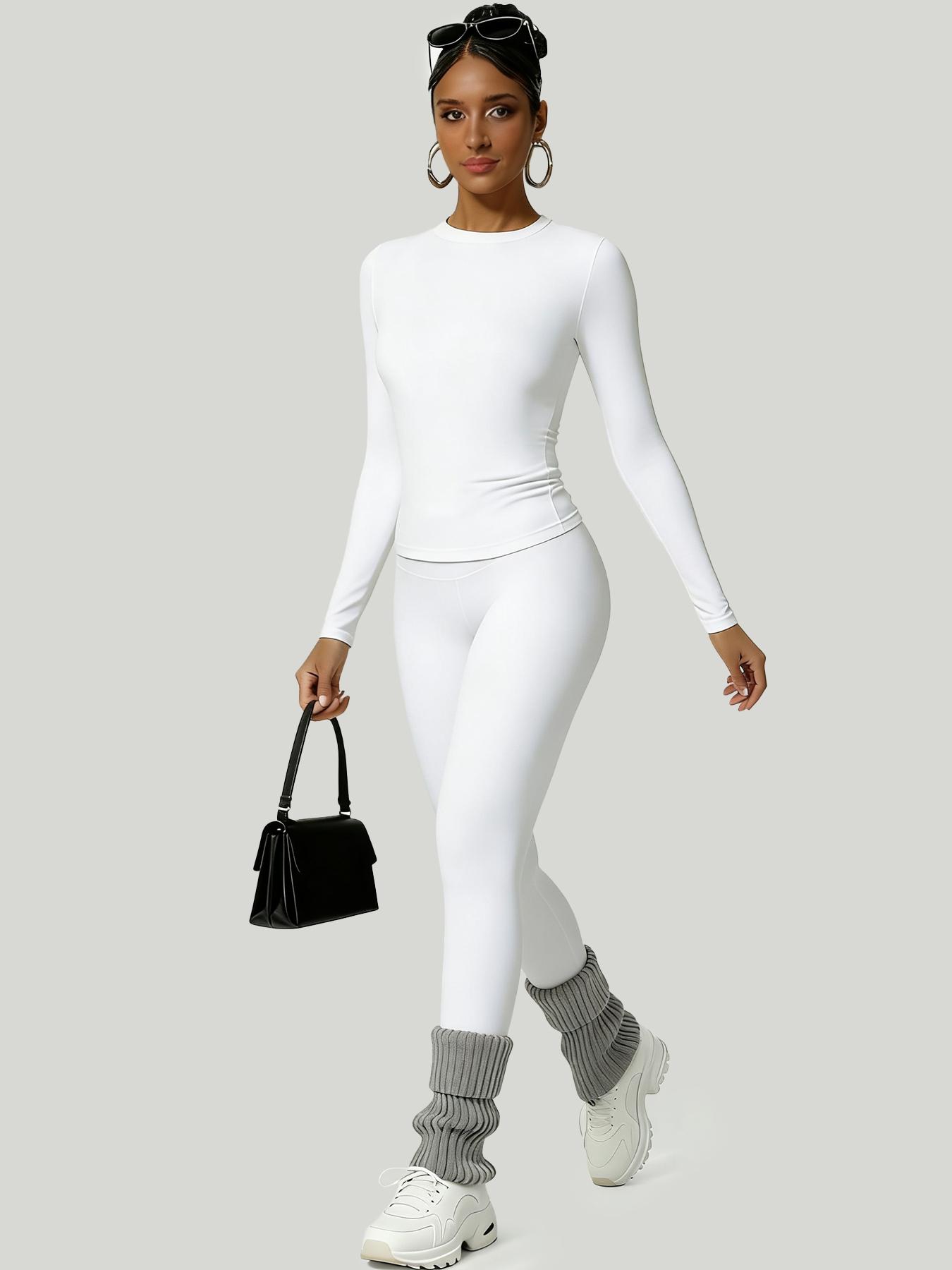 Women's Simple Solid Color Sportswear Set, Comfortable T-Shirt & Slimming Leggings, Perfect for Fall Winter Yoga & Daily Wear