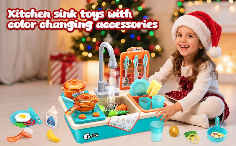 Play Kitchen Sink Toy, Green Electric Dishwasher Playing Toy with Running Water,Play Food & Tableware Accessories, Kitchen Set Toys, Role Play Sink Set