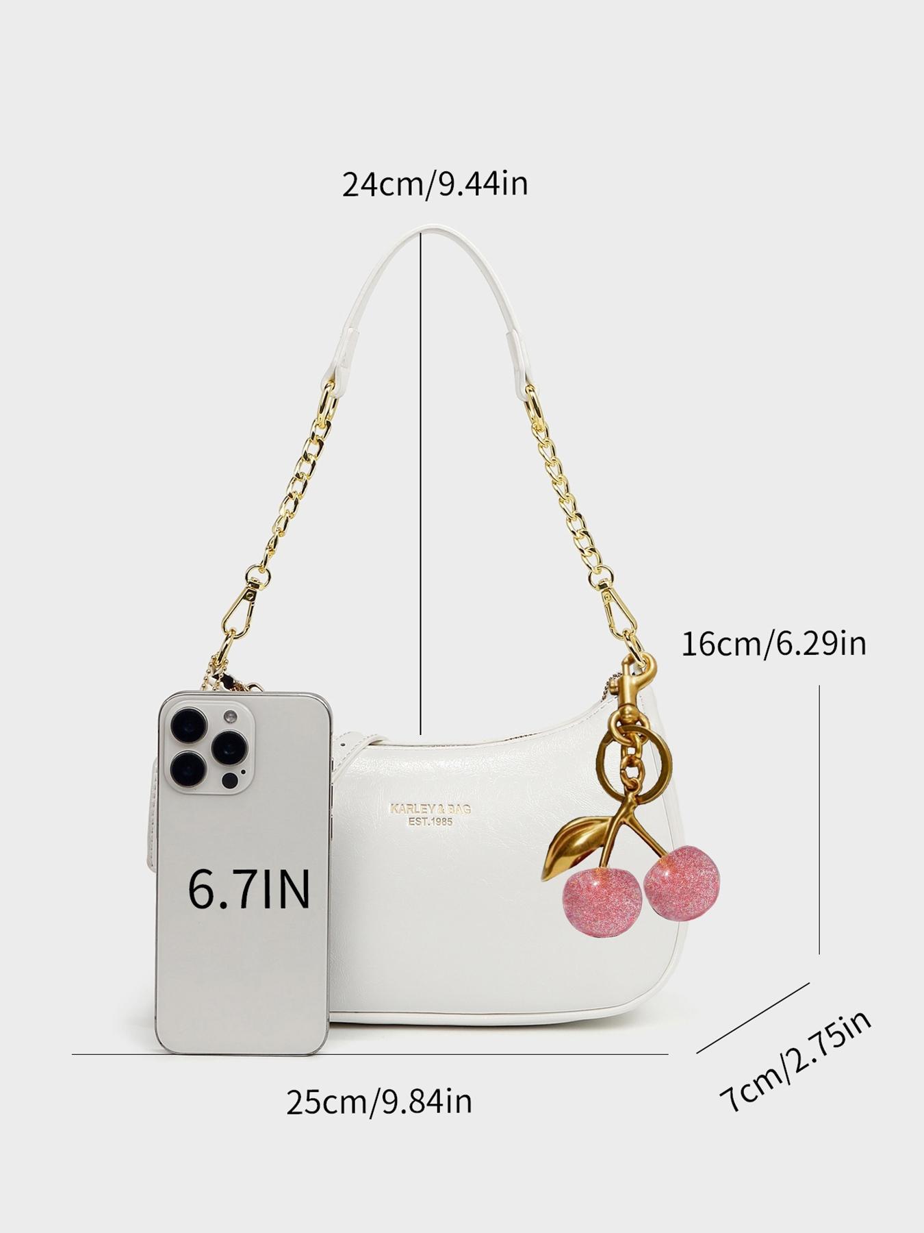 Autumn Winter Vintage Fashion Elegant Letter Pattern Shoulder Bag, Crescent Moon Crossbody Bag with Chain Strap, Cherry Pendant Decor, Handbag Shoulder Bag