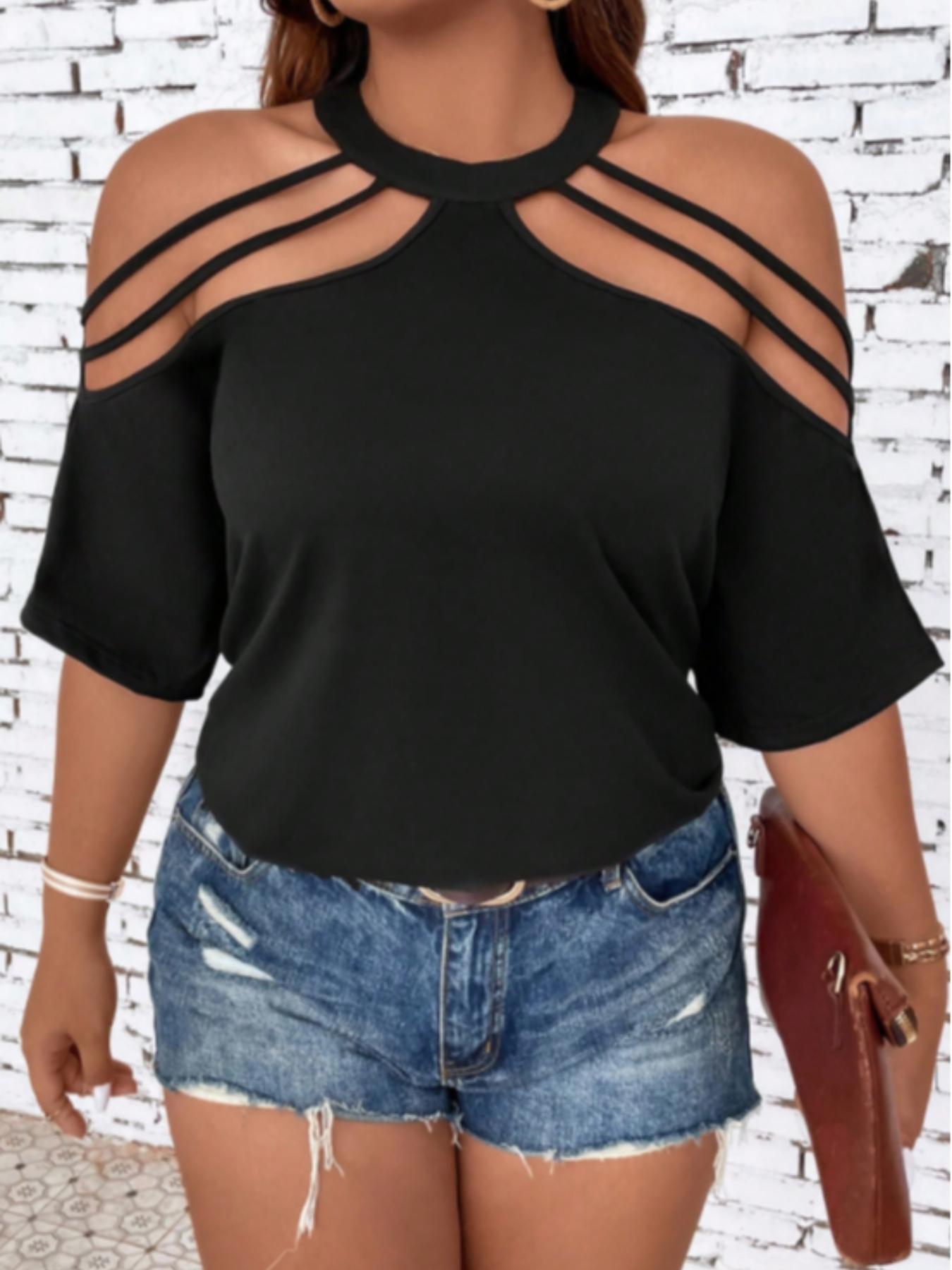 Plus Size Solid Cut Out Cold Shoulder Round Neck Tee, Casual Fashion Half Sleeve T-shirt for Summer, Summer Clothes, Ladies Clothes for Dating Daily Wear