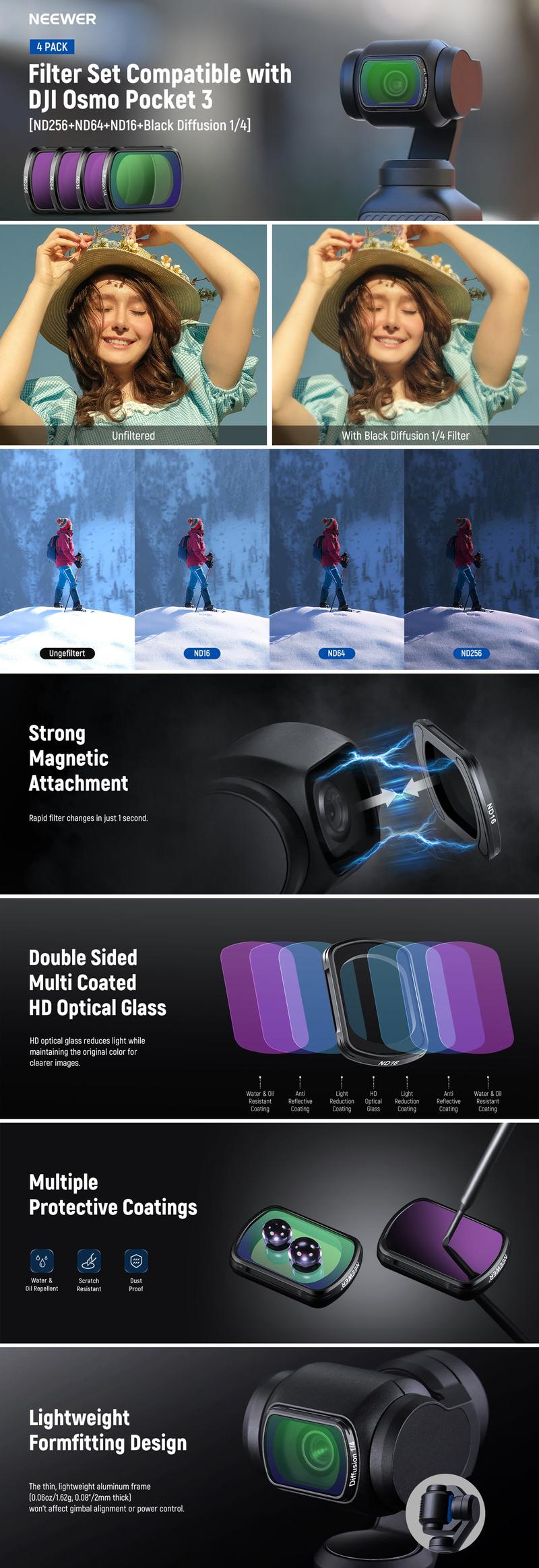 NEEWER FL-P5 4 Pack Magnetic ND Filter Kit For DJI OSMO Pocket 3