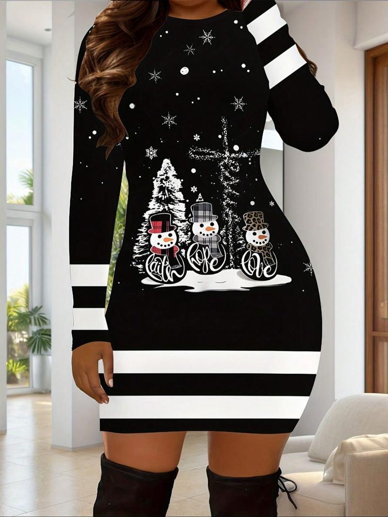 Women's Casual Christmas Print Striped Fitted Dress, Small Snowman Cartoon Print, Long Sleeve, Short Length, Fall Winter Holiday Wear Women's Casual Christmas Print Striped Fitted Dress, Small Snowman Cartoon Print, Long Sleeve, Short Length, Fall Winter Holiday Wear