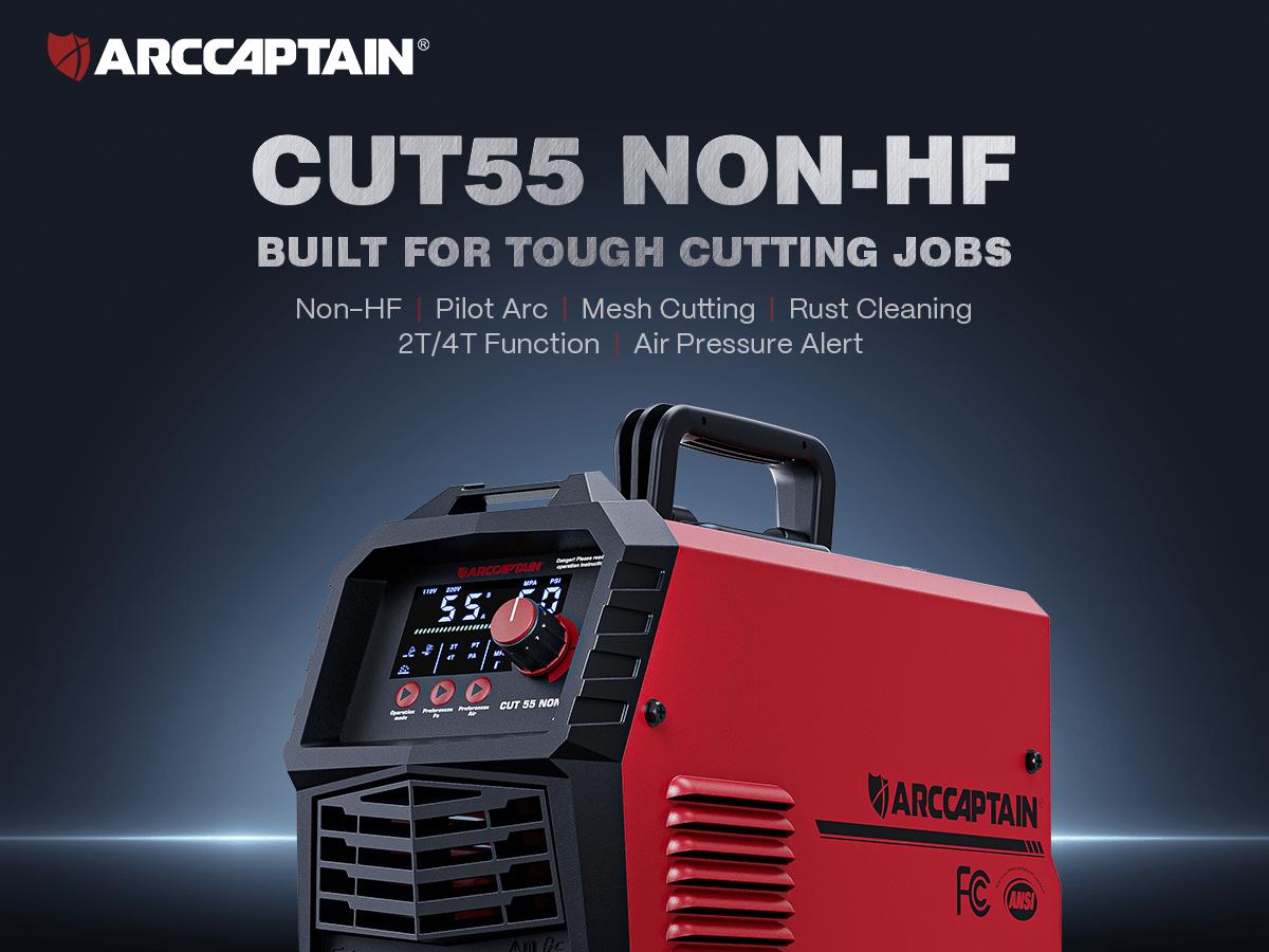 Arccaptain CUT55 Non-HF Plasma Cutter, Blowback Non-HF Pilot Arc Plasma Cutting Machine, Large LED Display IGBT Inverter 110/220V Dual Voltage, 3/5" Clean Cut, Mesh Cutting, Rust Removal, PA PT Adjustable, Black Friday Deals, Xmax Gift for Man and Dad