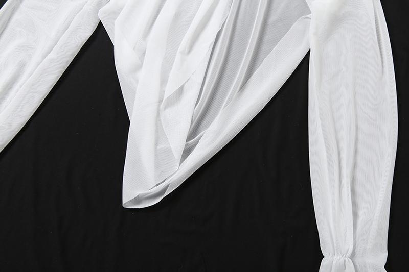 DOUCIU Summer Beach Vacation Yacht Party Sexy Hot Beautiful Cool Women'S Thin Style Solid Color Mesh See Through Long Sleeved Top Skirt Two-Piece Set