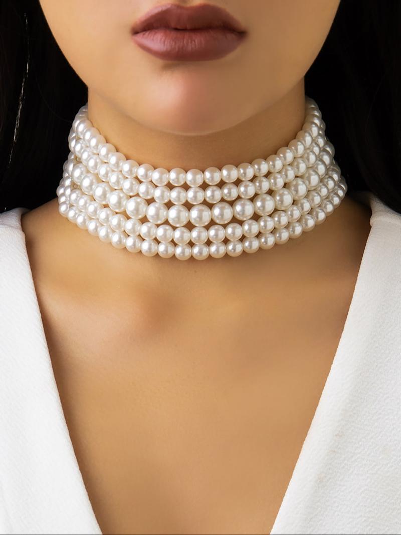 Faux Pearl Decor Choker Necklace, Elegant Women's Beaded Necklace Jewelry for Party, Daily Clothing Decor for Girl