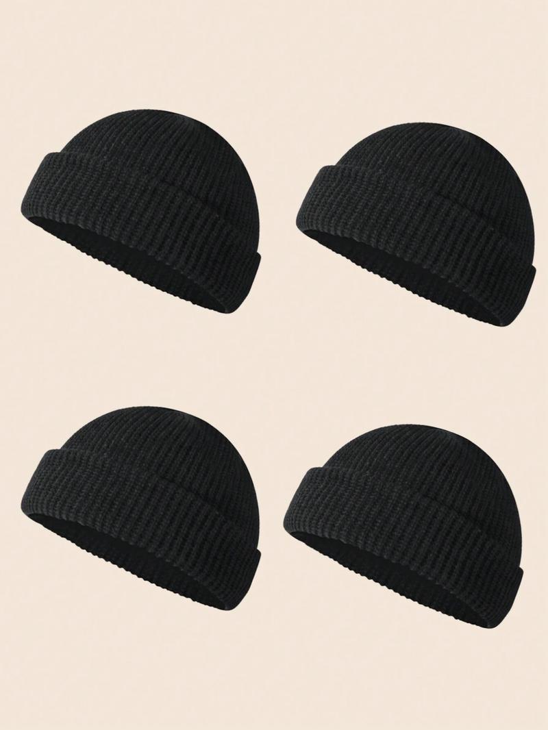 Men's Solid Color Beanie Set, Knit Style, Knitted Hat, Perfect for Fall & Winter Daily Wear, 4 Piece Pack, Casual Fashion Accessories