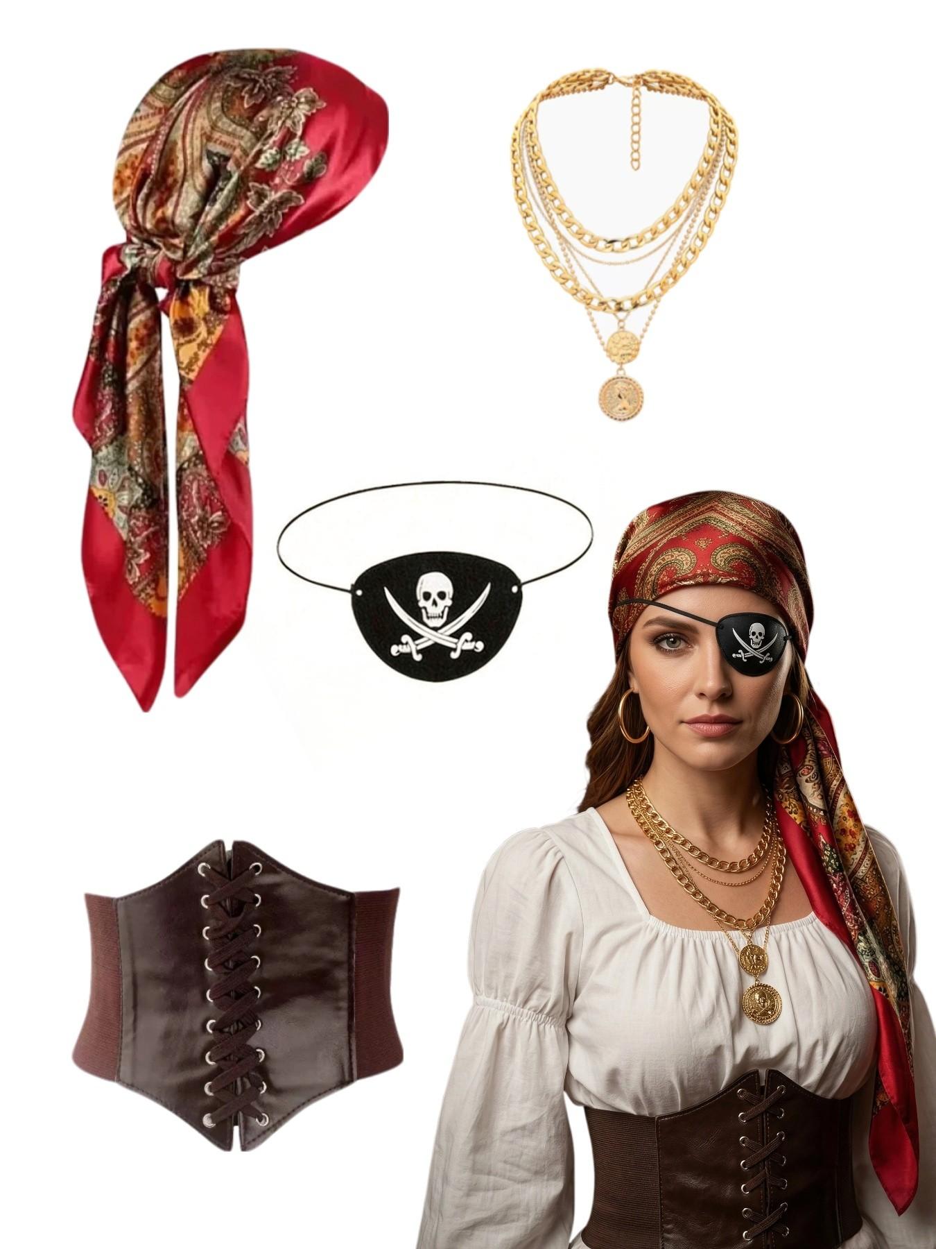 4-Piece Women's Pirate Costume Set, Halloween Party, Christmas Pirate Dress, Role Play Accessories, Headband Belt Necklace Goggles