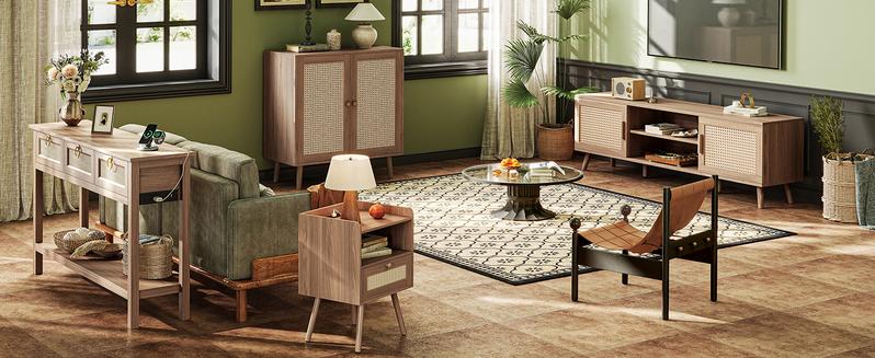 Huuger Buffet Cabinet with Storage, Storage Cabinet with PE Rattan Decor Doors, Media Console with Solid Wood Feet, Sideboard Cabinet for Hallway, Entry, Living Room