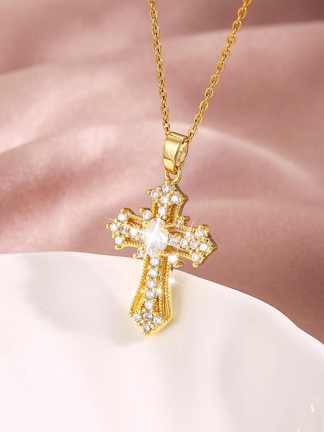 Rhinestone Cross Pendant Necklace For Women For Gift, Coptic Cross Necklace, Clavicle Chain Necklace, Fashion All-match Accessory
