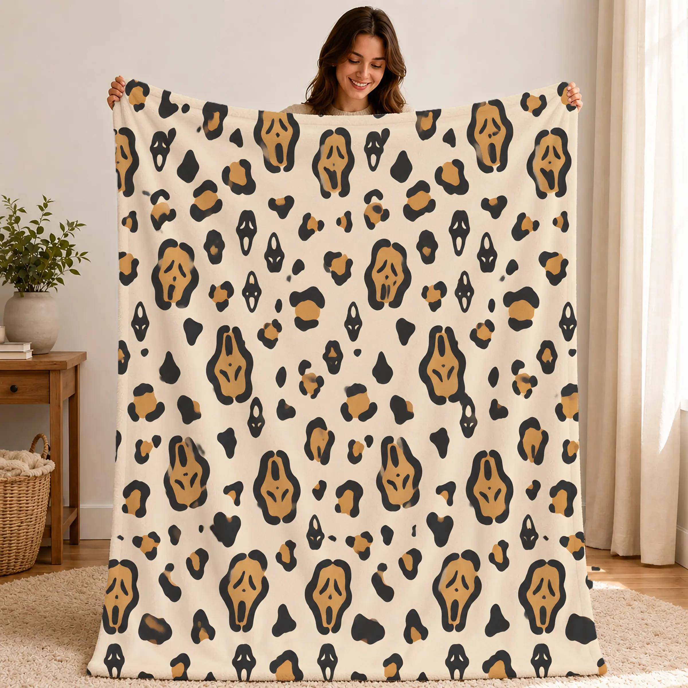 Halloween Leopard Print Blanket, Soft Flannel, Retro Horror Theme, Perfect for Sofa, Office Naps, Dark Aesthetic Photography, Gift for Horror Fans