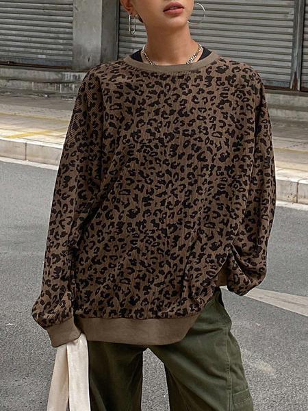 Women's Leopard Print Long Sleeve Round Neck T-Shirt Top, Loose Fit Casual Wear, Sexy Style for Spring & Fall Seasons