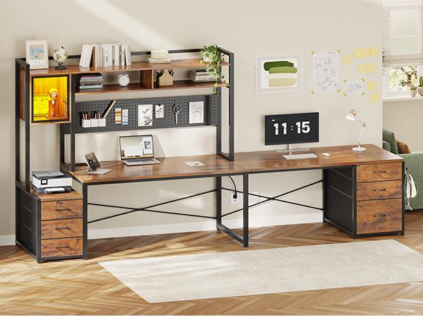 SEDETA L Shaped Gaming Desk with Drawers, Reversible Computer Corner Desk with File Drawer, Hutch, Storage Shelves for Home Office, Gaming Two Person Desk with Led Lights, Power Outlet