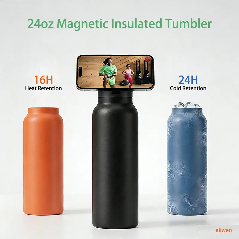 Insulated Magnetic Water Bottle, Magnetic Fitness Cup, Leak-proof Magnetic Bottle with Lid, Double-walled Stainless Steel Insulated Sports Water Bottle, Reusable Stainless Steel Water Bottle, Equipped with Magsafe-compatible Phone Holder