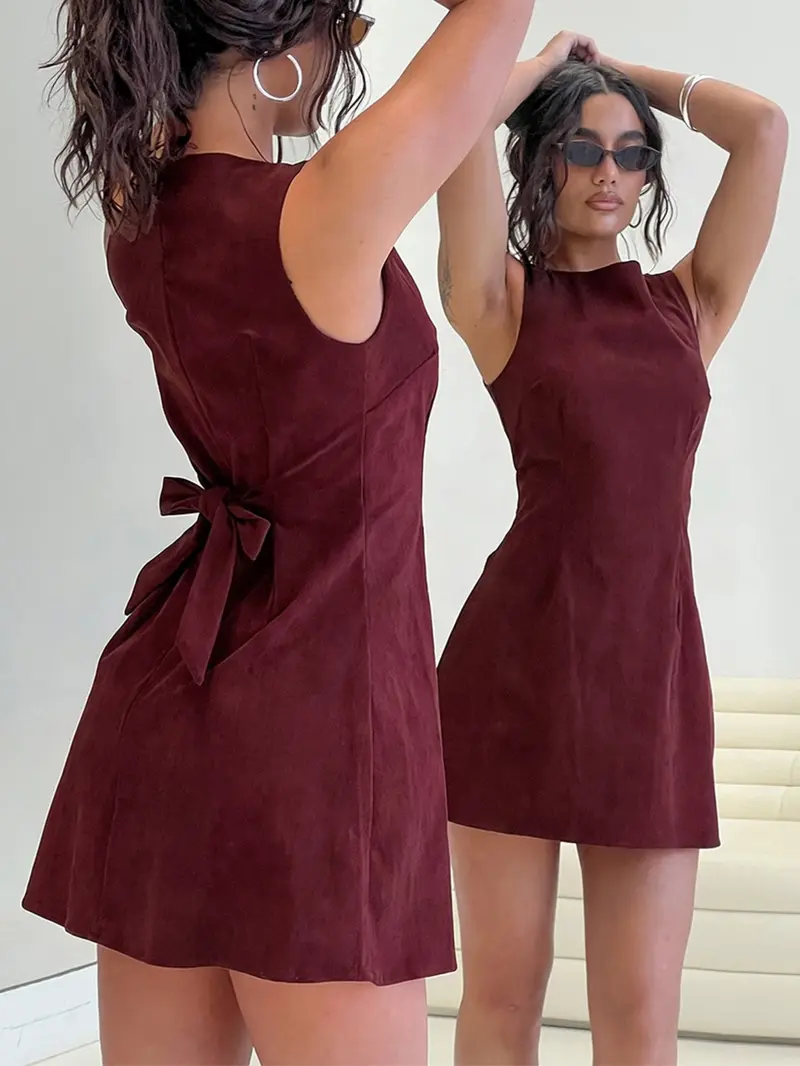 Women's Elegant Feminine Minimalist Solid Sleeveless A-Line Mini Dress Womenswear with Back Tie, Slim Fit for Daily Wear, Casual Outings, and Party Occasions